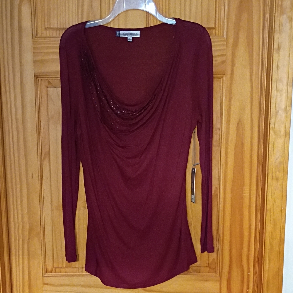 Jennifer Lopez Deep Red Drape Neck Top